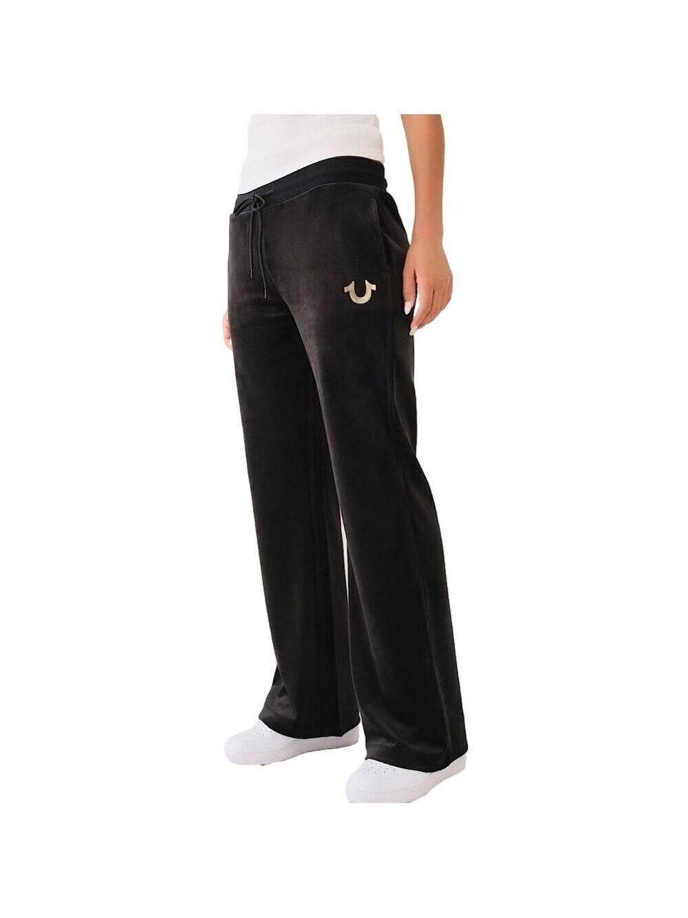 True Religion Velour Straight Leg Sweater Pants Women Jet Black Sz XL NWT